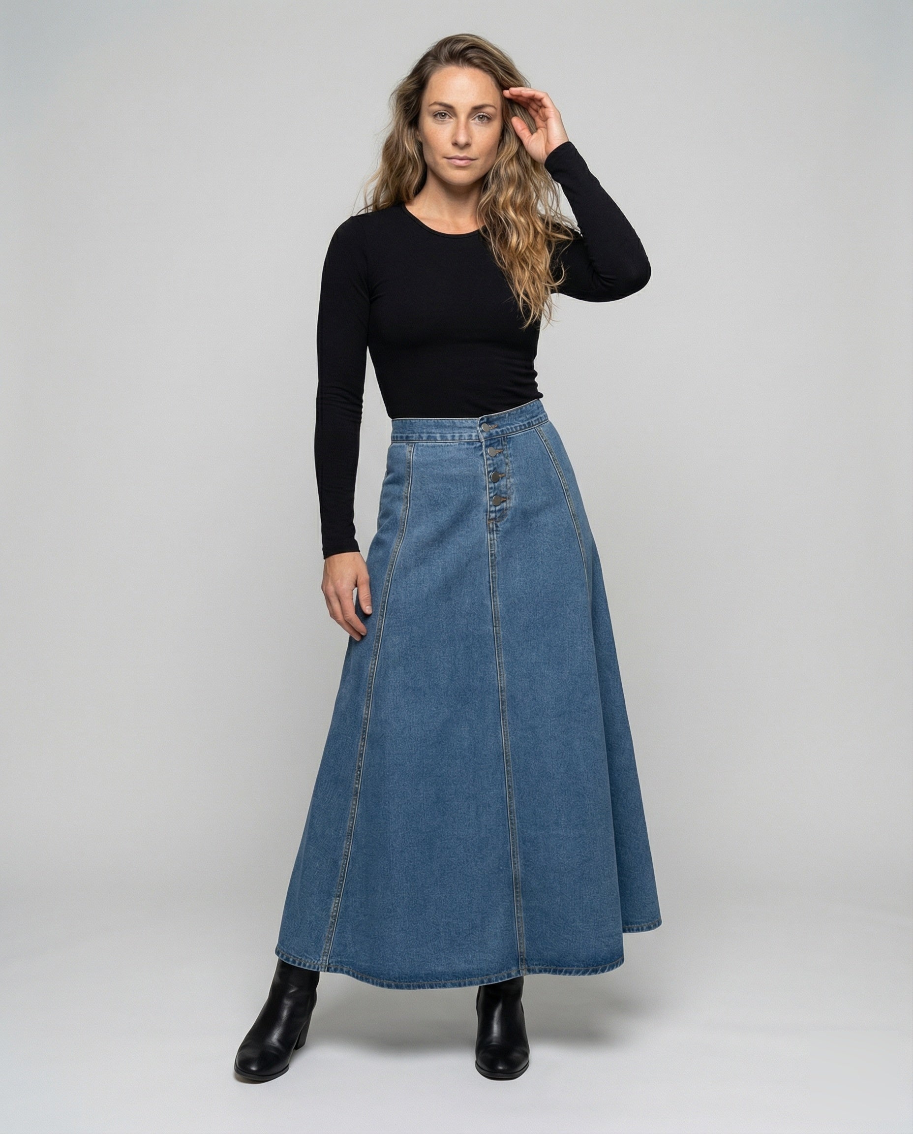 Damen Maxirock Jeans Dekorative Knöpfe Blau - Norvielle