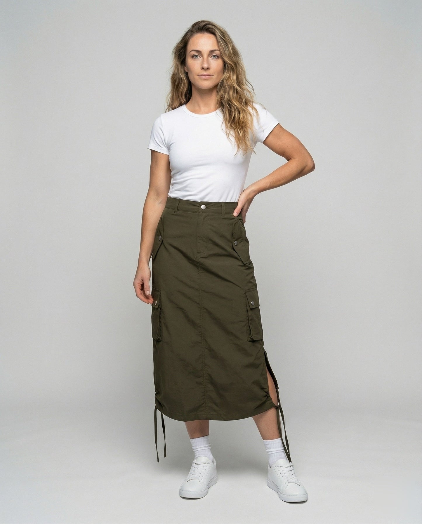 Damen Midirock Taillenhoher Cargo-Rock Mit Klappentaschen - Norvielle