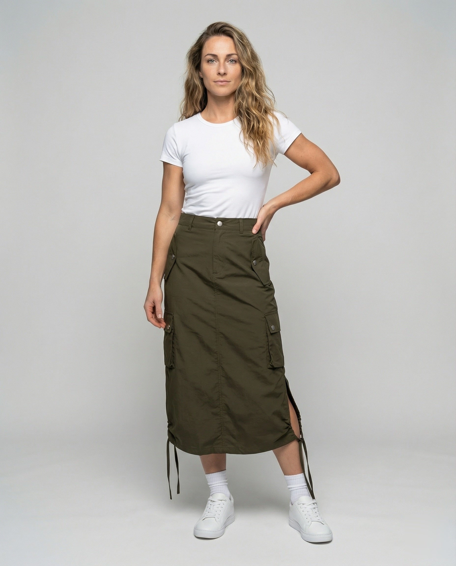 Damen Midirock Taillenhoher Cargo-Rock Mit Klappentaschen - Norvielle