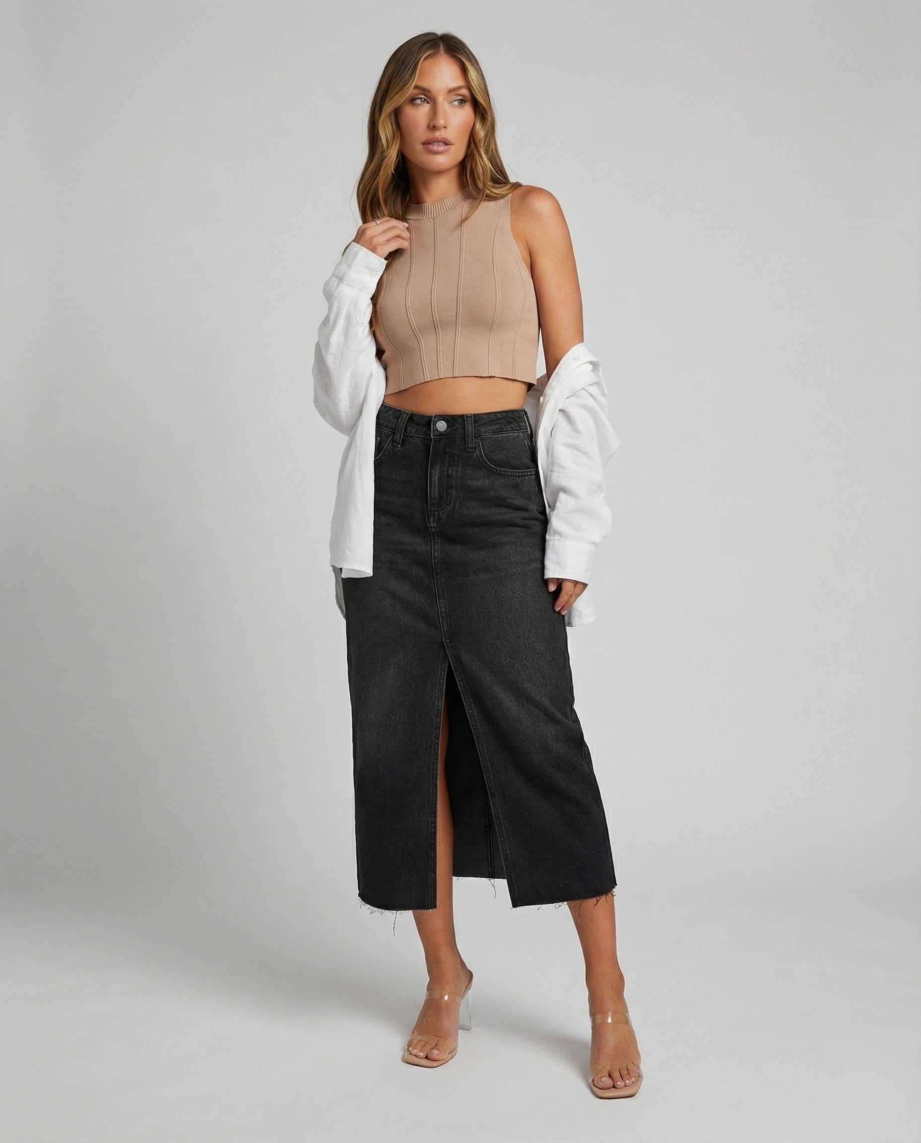 Damen Midirock Jeans mit Frontschlitz - Norvielle