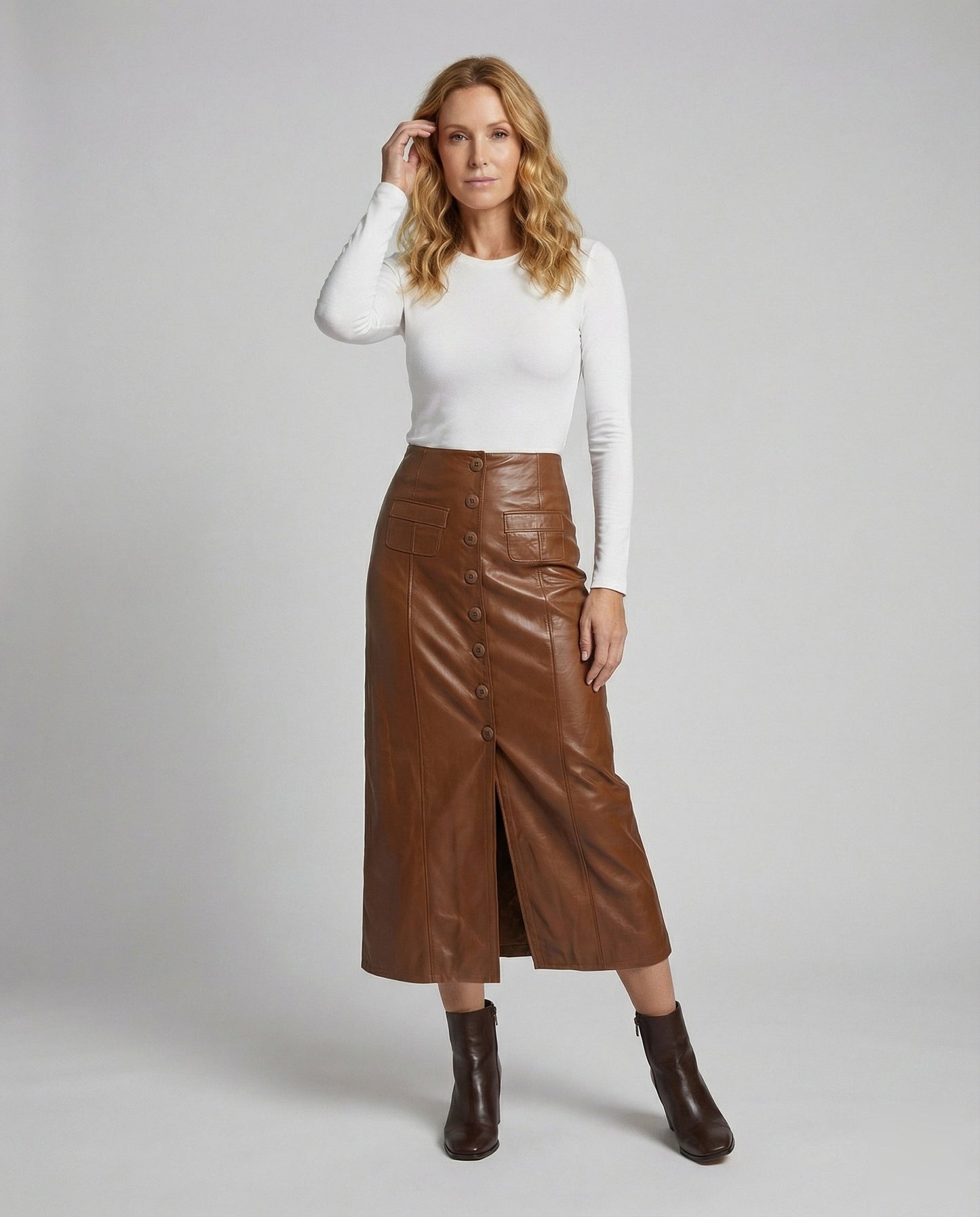 Damen Midirock Veganleder Knopfleiste Schwarz - Norvielle