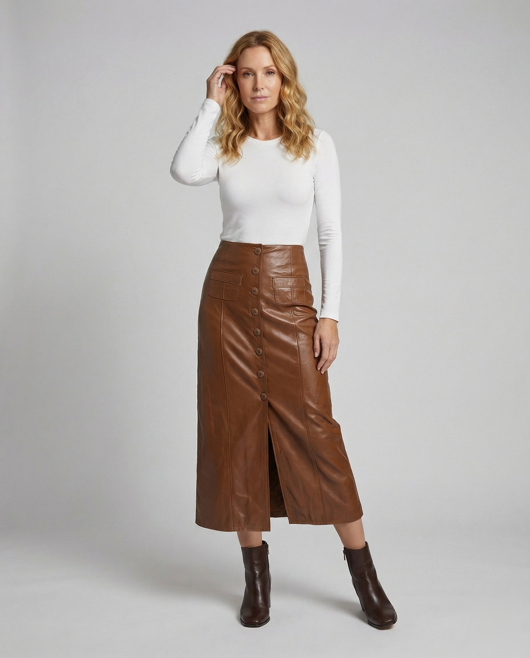 Damen Midirock Veganleder Knopfleiste Schwarz - Norvielle
