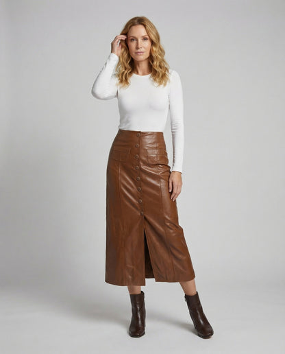 Damen Midirock Veganleder Knopfleiste Schwarz - Norvielle