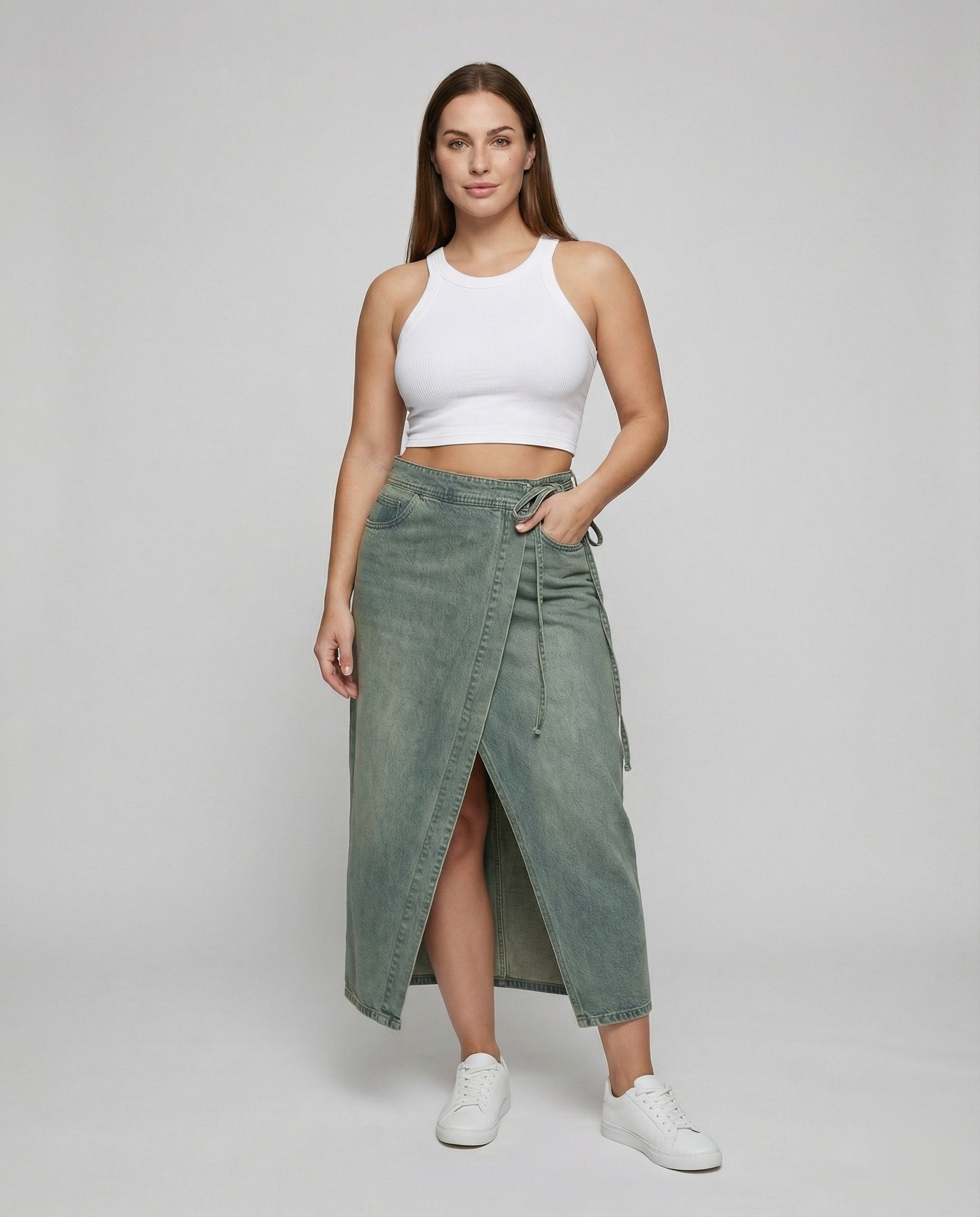Damen Wickelrock Jeans Maxilänge Beinschlitz - Norvielle
