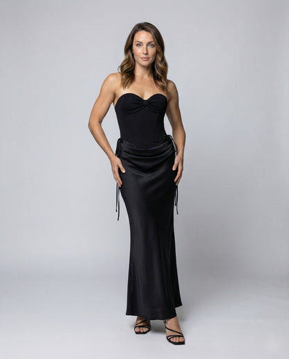 Damen Maxikleid Satin Corsage Schwarz - Norvielle