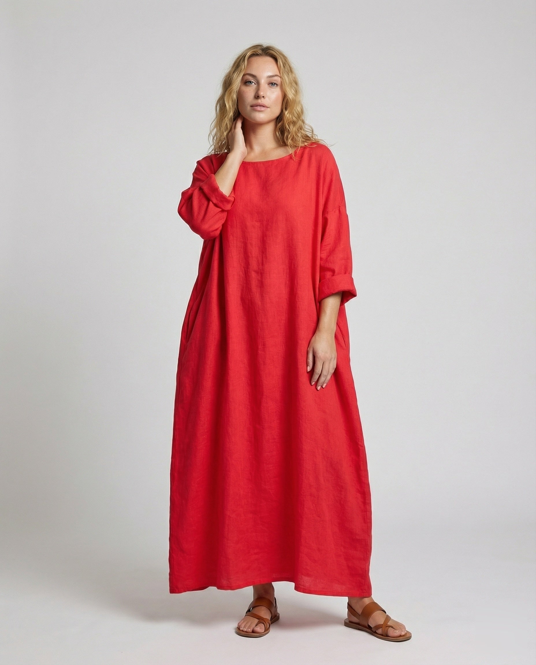 Damen Leinenkleid Bodenlang Ballonsaum - Norvielle