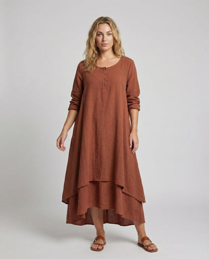 Damen Maxikleid Zweilagig Leinenoptik Boho-Stil - Norvielle