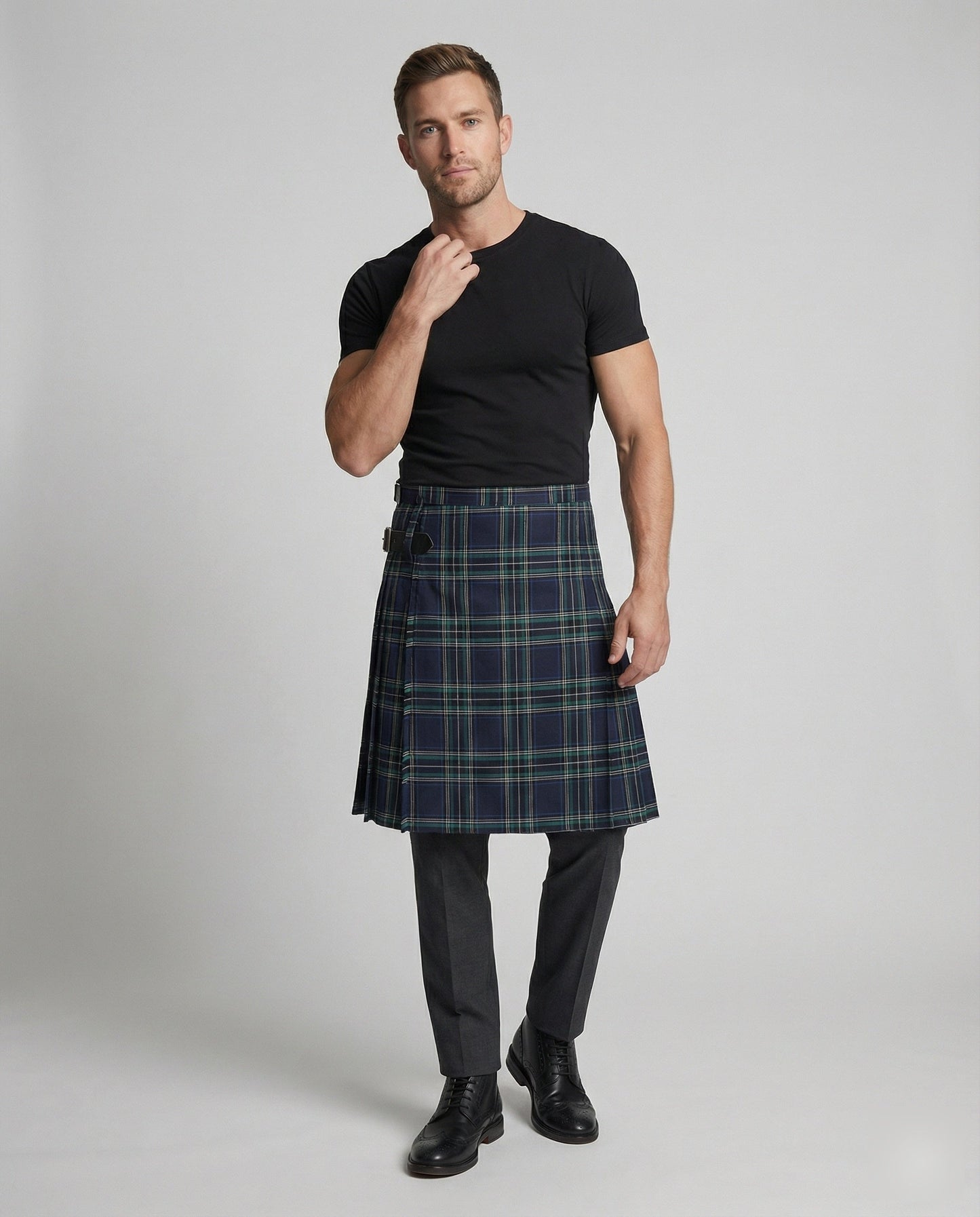 Herren Karierter Highland Kilt Lederriemen Schwarz - Norvielle