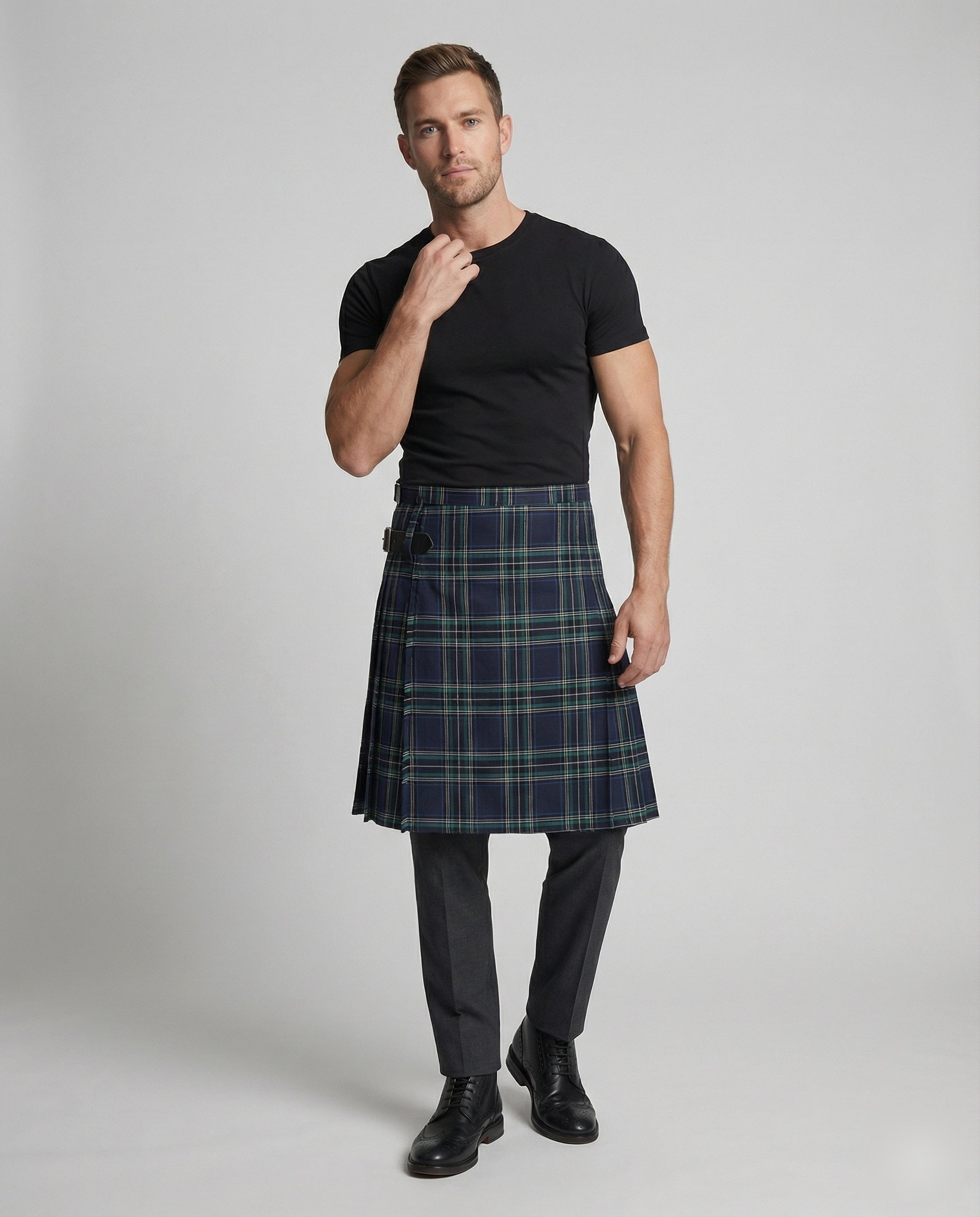 Herren Karierter Highland Kilt Lederriemen Schwarz - Norvielle