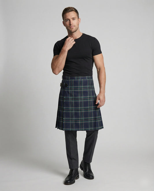 Herren Karierter Highland Kilt Lederriemen Schwarz - Norvielle