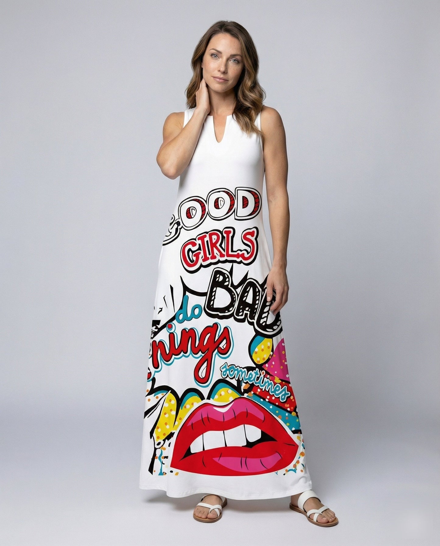 Damen Maxikleid V-Ausschnitt Pop-Art-Druck - Norvielle