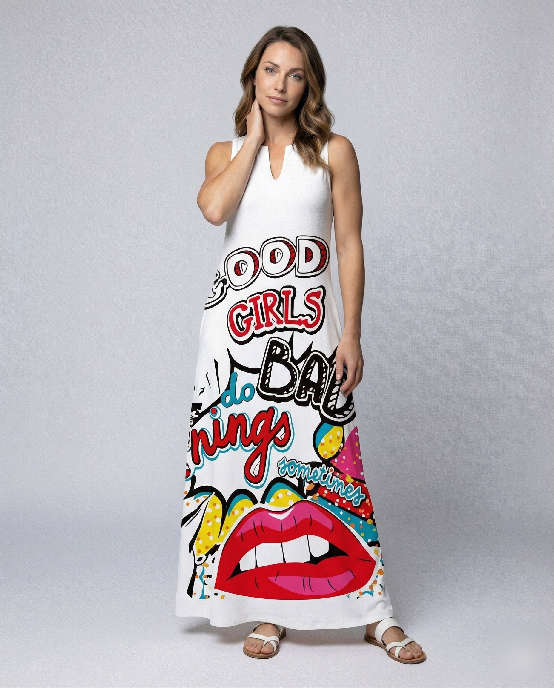 Damen Maxikleid V-Ausschnitt Pop-Art-Druck - Norvielle