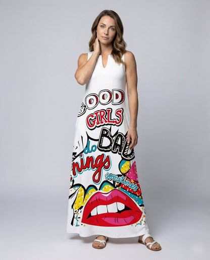Damen Maxikleid V-Ausschnitt Pop-Art-Druck - Norvielle