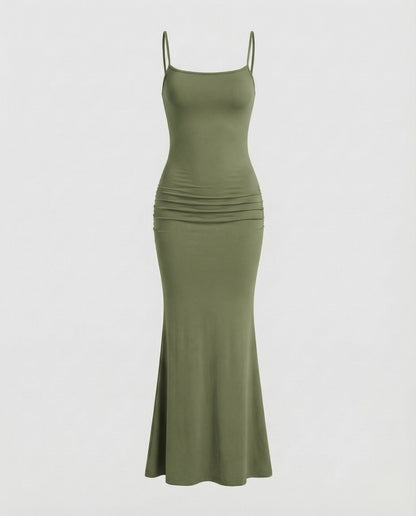 Damen Maxikleid Eckiger Ausschnitt Trompetensaum