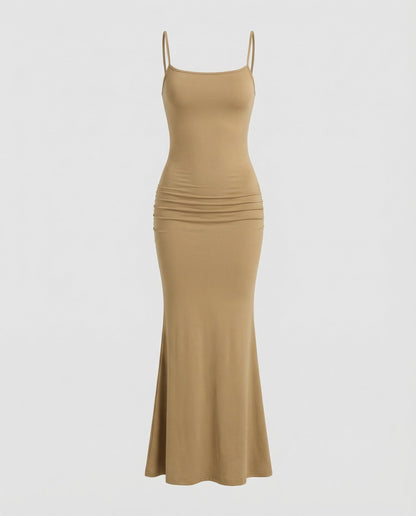Damen Maxikleid Eckiger Ausschnitt Trompetensaum