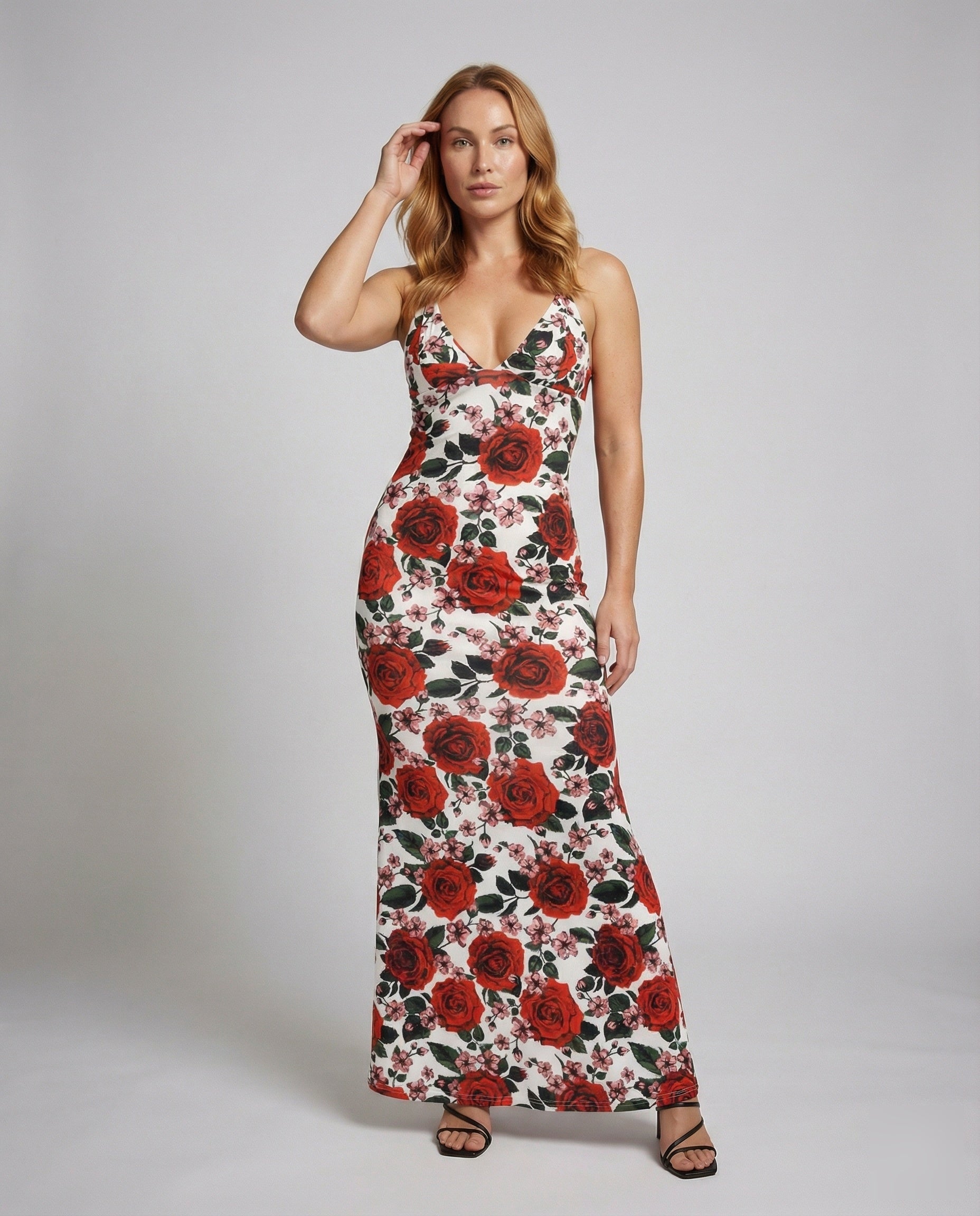 Damen Maxikleid Rosenmuster Spaghettiträger - Norvielle
