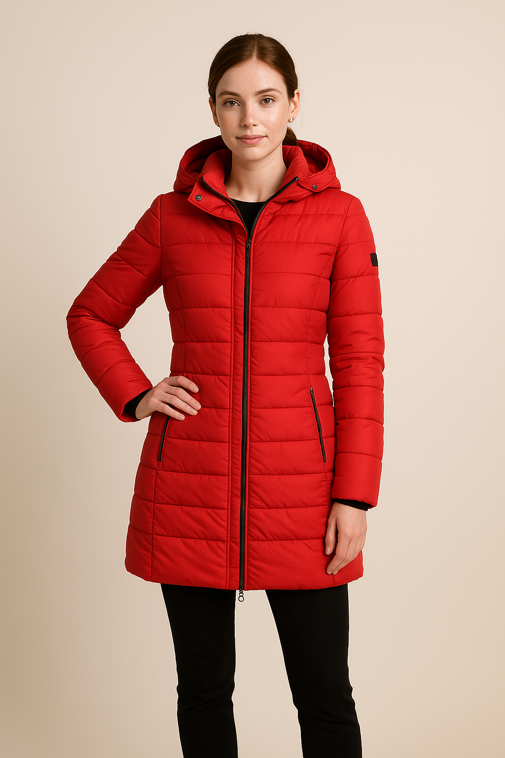 Damen Pufferjacke Wasserabweisend Lang Gesteppt Schwarz - Norvielle
