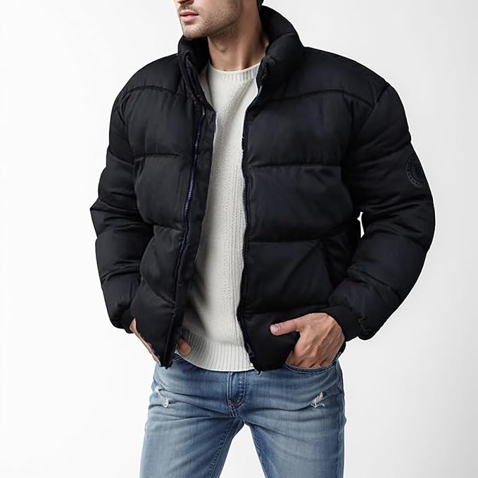 Herren Winterjacke Warm Wattierte Reißverschluss Schwarz - Norvielle