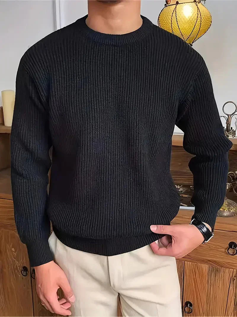 Pullover - Herren Rundhalsausschnitt Rippenstrickpullover-Schwarz-S-Chaps Herrenmode