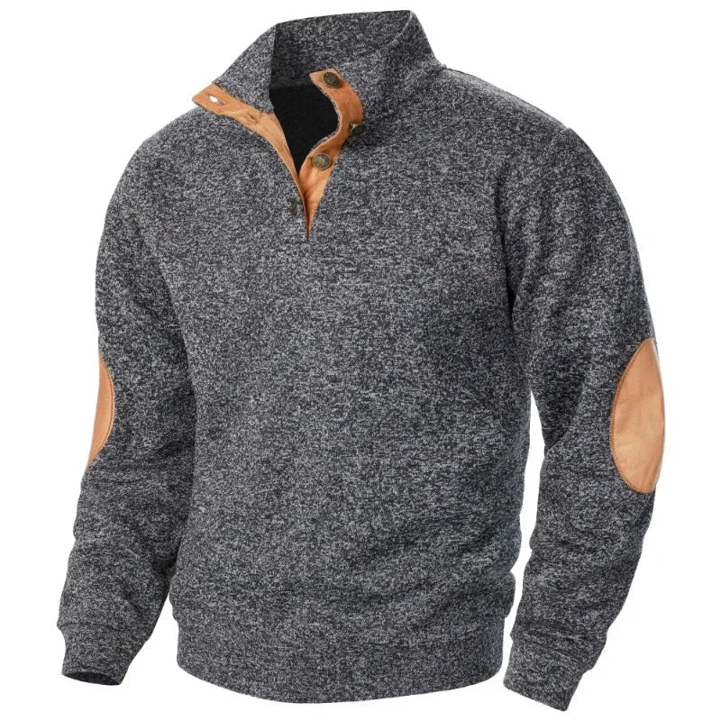 Pullover | Lässig | Ellbogenpatches | Pullover mit Knopfleiste | Herrenpullover-Grau-S-Chaps Herrenmode