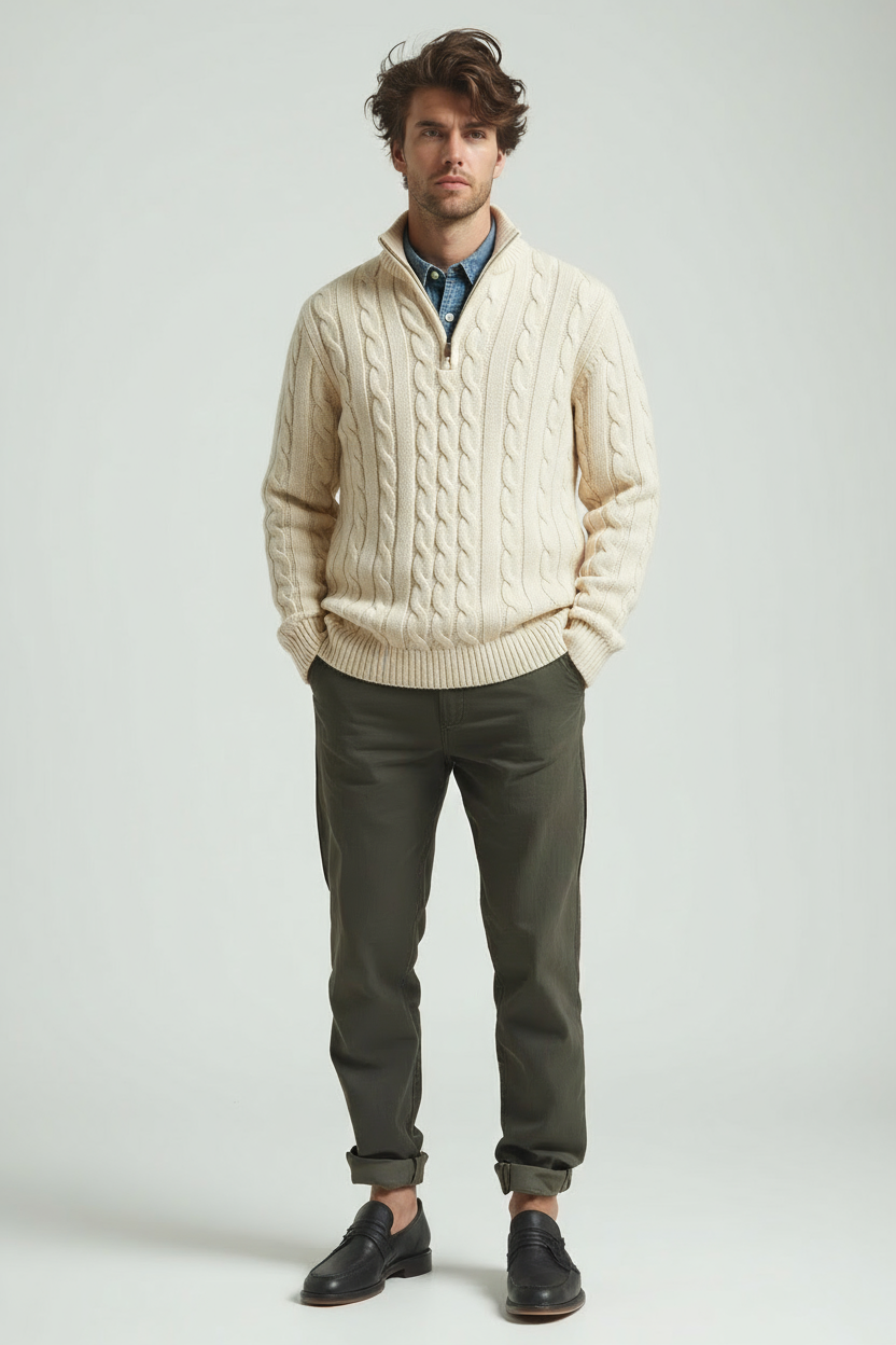 Herren Strickpullover Zopfstrick Viertel-Reißverschluss Beige - Norvielle