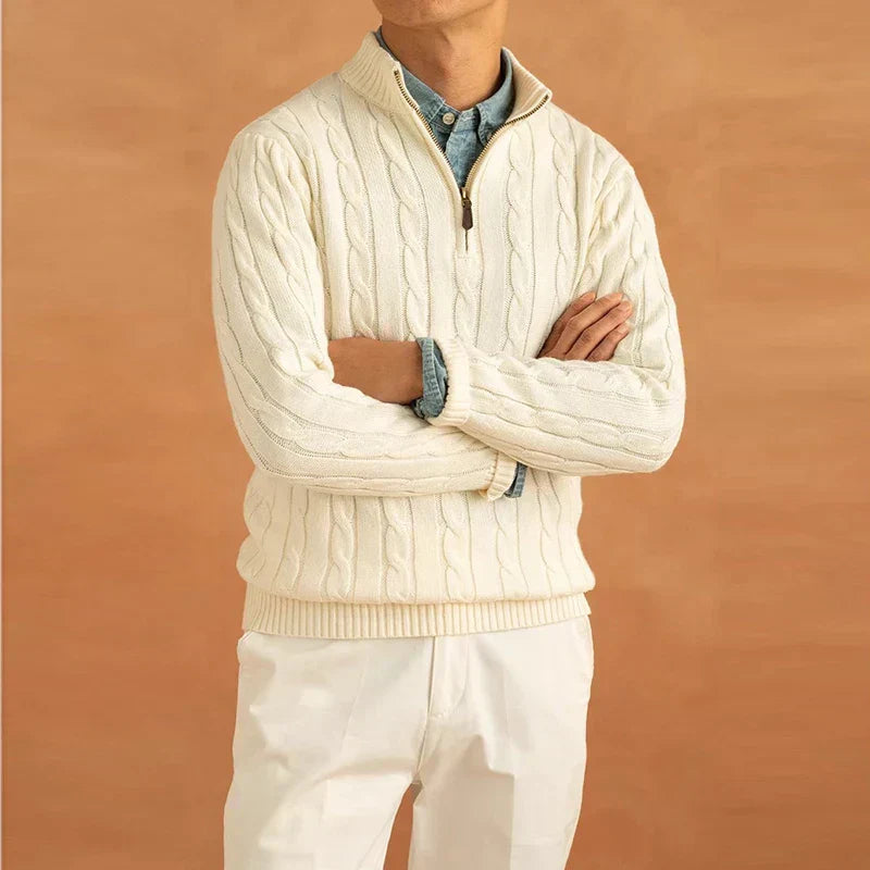 Pullover mit Viertel-Reißverschluss | Zopfstrick | Normale Passform | Strickpullover | Herren Pullover mit Halb-Reißverschluss-Chaps Herrenmode