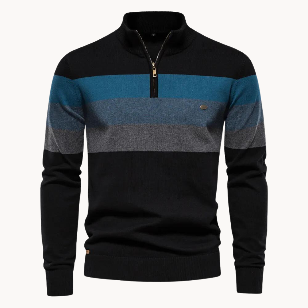 Pullover mit Viertelreißverschluss – Gestreift – Feinstrick – Pullover – Herrenpullover mit halbem Reißverschluss-Schwarz-S-Chaps Herrenmode