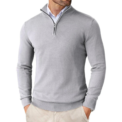 Pullover mit Viertelreißverschluss | Gestrickt | Halbreißverschluss | Polo-Pullover | Herren-Pullover mit Viertelreißverschluss-Hellgrau-S-Chaps Herrenmode