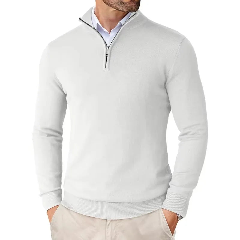 Pullover mit Viertelreißverschluss | Gestrickt | Halbreißverschluss | Polo-Pullover | Herren-Pullover mit Viertelreißverschluss-Weiß-S-Chaps Herrenmode
