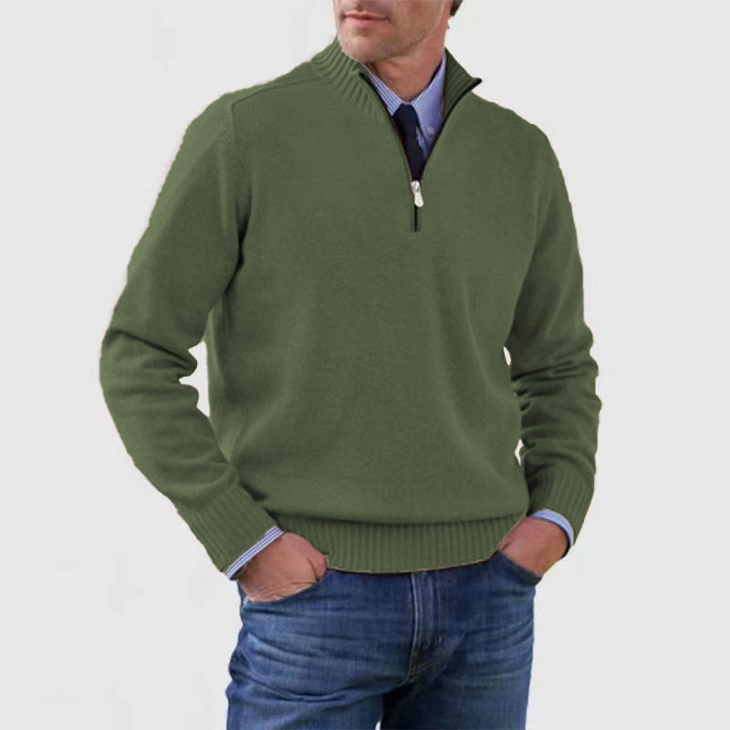 Pullover mit Viertelreißverschluss – Gestrickt – Pullover – Polopullover – Herrenpullover mit halbem Reißverschluss-Dunkelgrün-M-Chaps Herrenmode