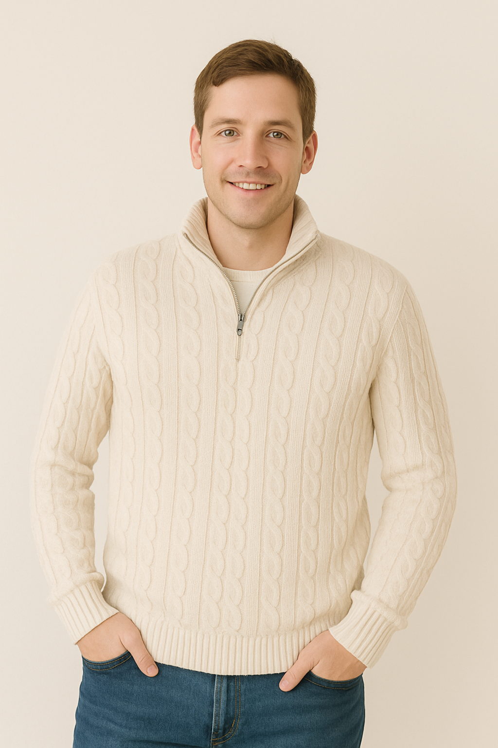 Herren Strickpullover Viertelreißverschluss Zopfmuster Anthrazit - Norvielle