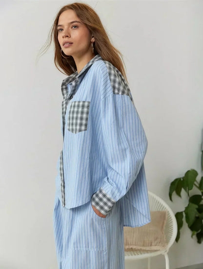 Karo Schlafanzug Set Damen Hemd Weite Hose Entspannt