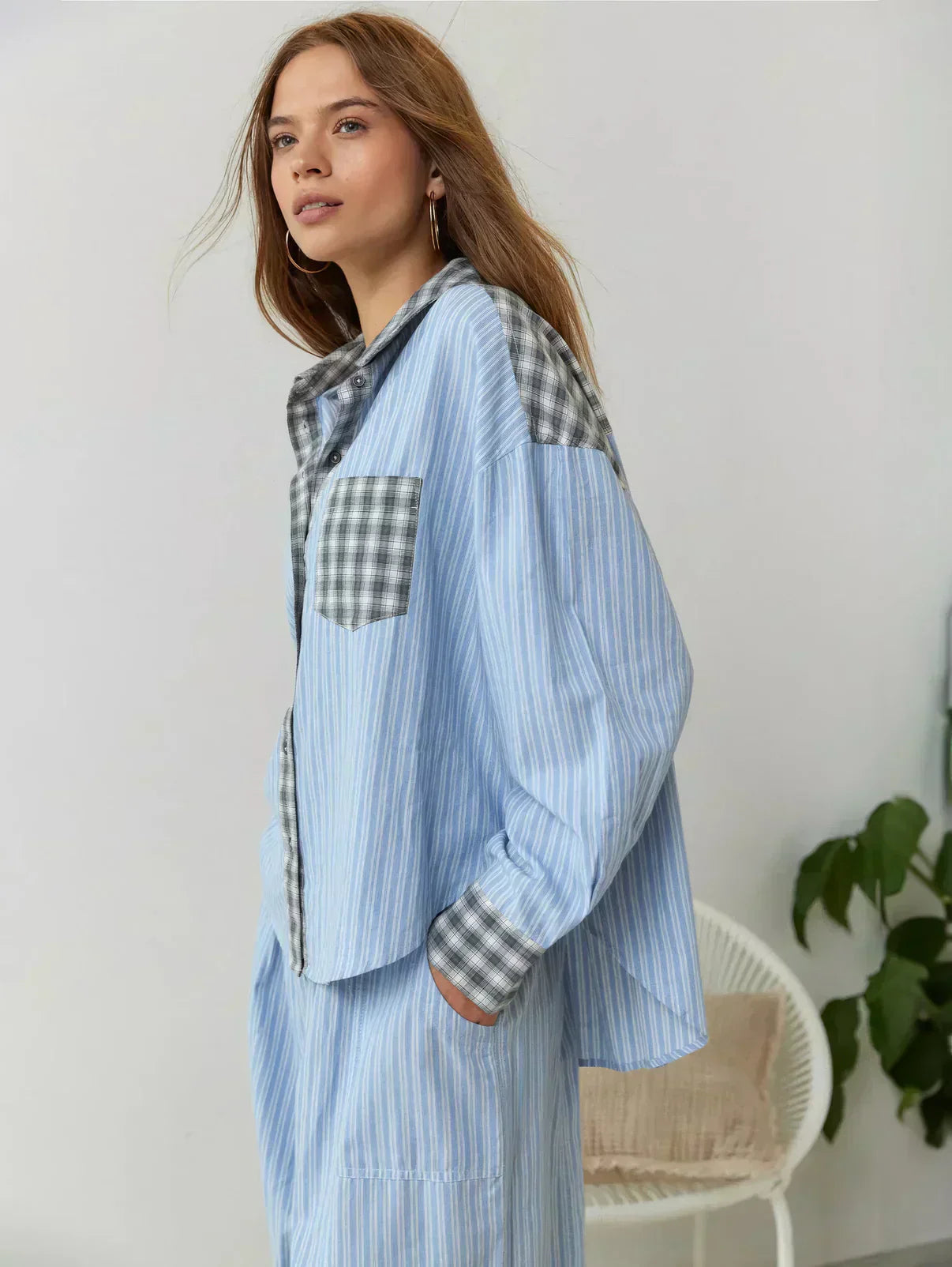 Damen Kariertes Zweiteiliges Frühjahrsspiel Polyester -Weiß