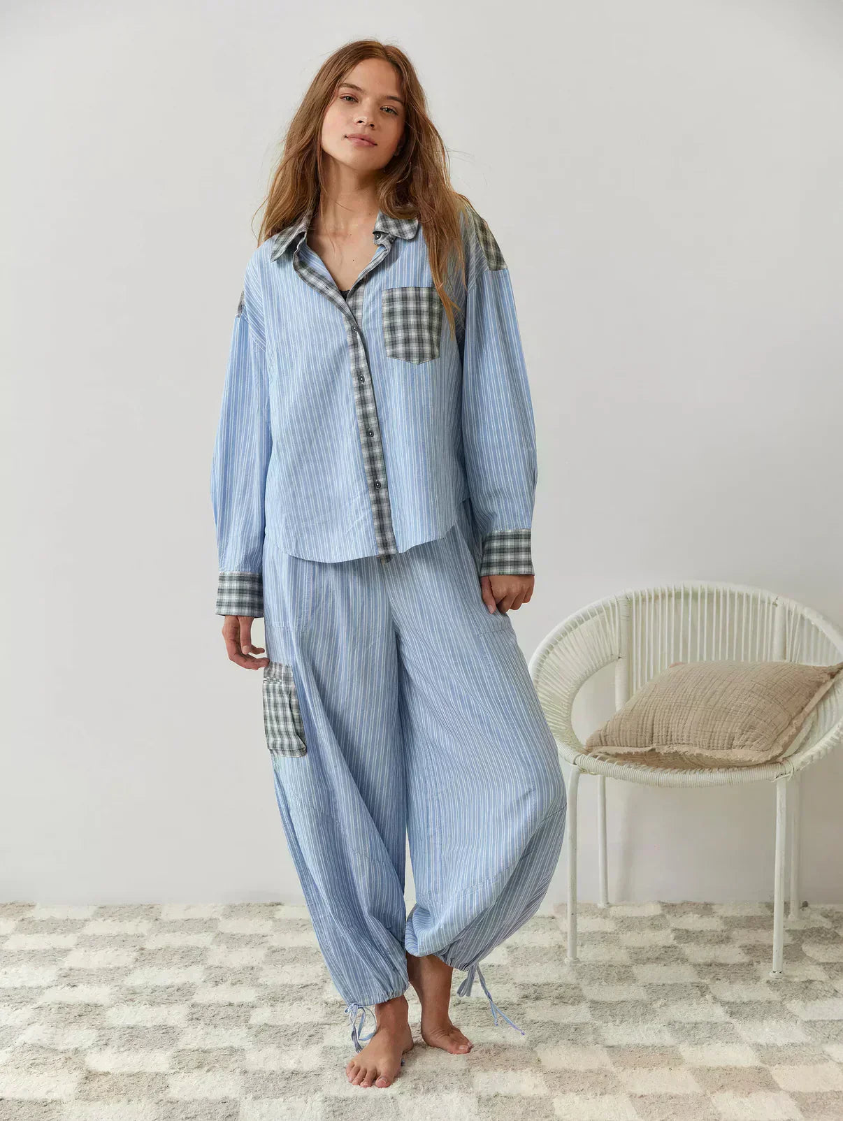 Damen Kariertes Zweiteiliges Frühjahrsspiel Polyester -Weiß