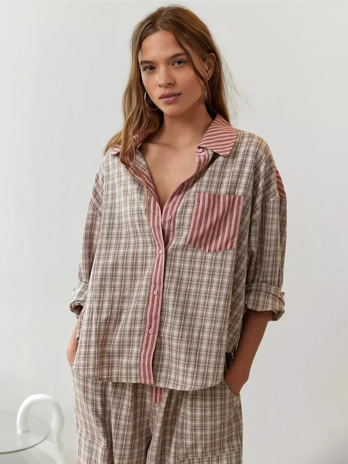 Damen Kariertes Zweiteiliges Frühjahrsspiel Polyester Blau-Weiß - Norvielle