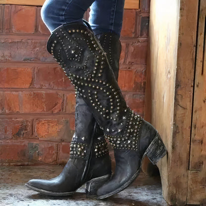 Damen Cowboy Stiefel Lederoptik Spitz Zehen Nieten