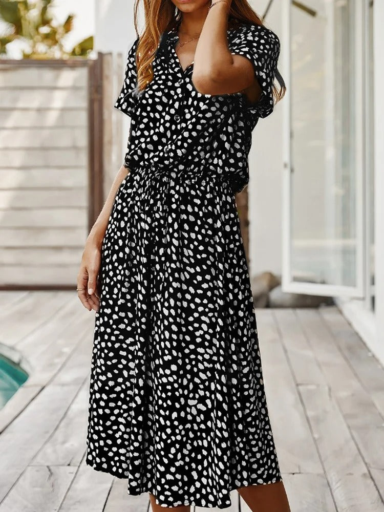 Damen Midikleid V-Ausschnitt Kurzärmelig Bequem Sommerlich