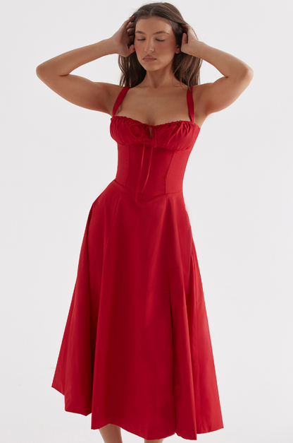 Rotes Damenkleid A-Linie Beinschlitz Corsage