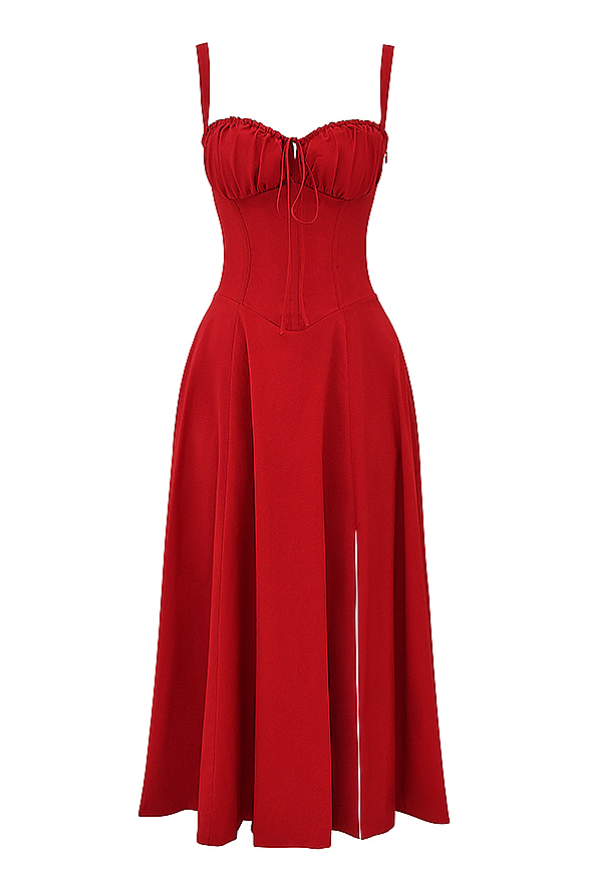 Rotes Damenkleid A-Linie Beinschlitz Corsage