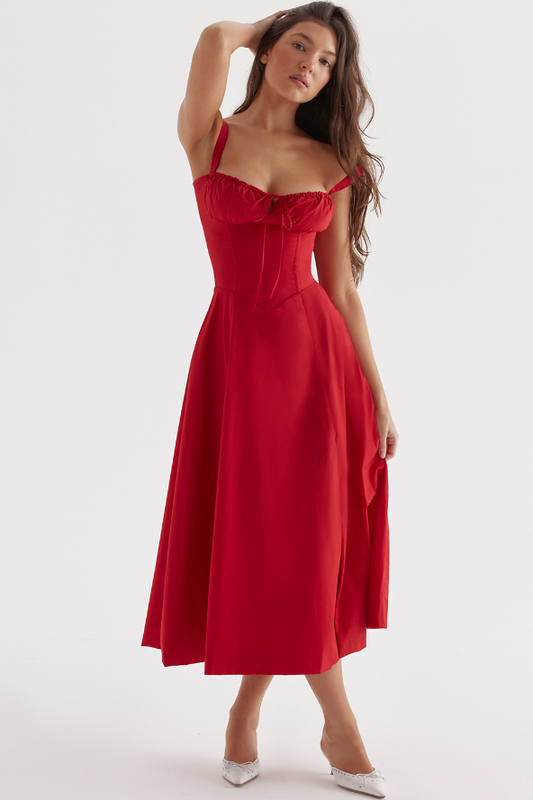 Rotes Damenkleid A-Linie Beinschlitz Corsage - Norvielle