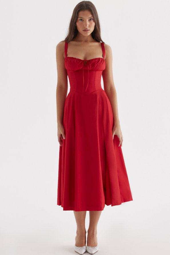 Rotes Damenkleid A-Linie Beinschlitz Corsage