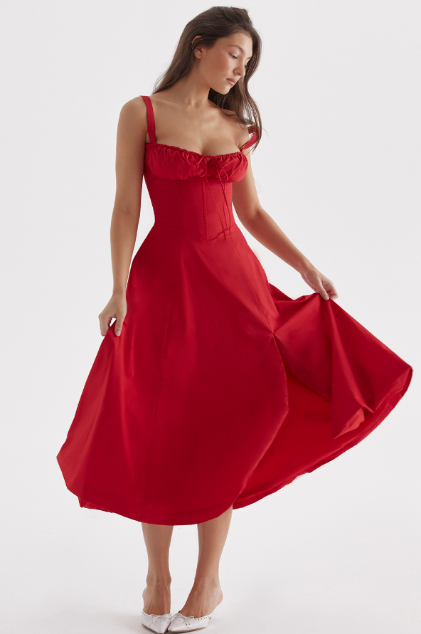 Rotes Damenkleid A-Linie Beinschlitz Corsage