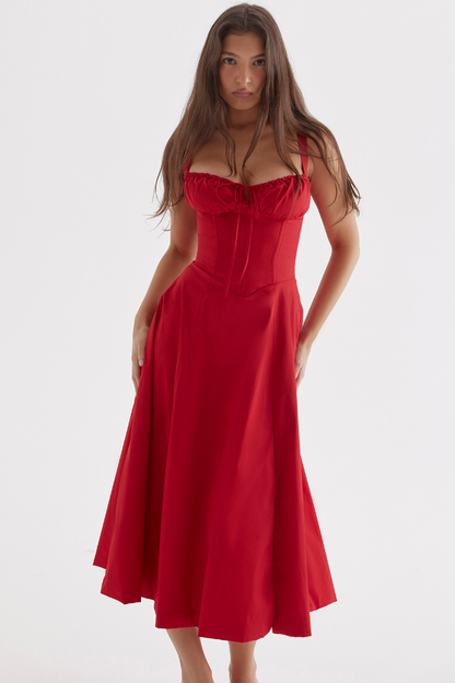 Rotes Damenkleid A-Linie Beinschlitz Corsage
