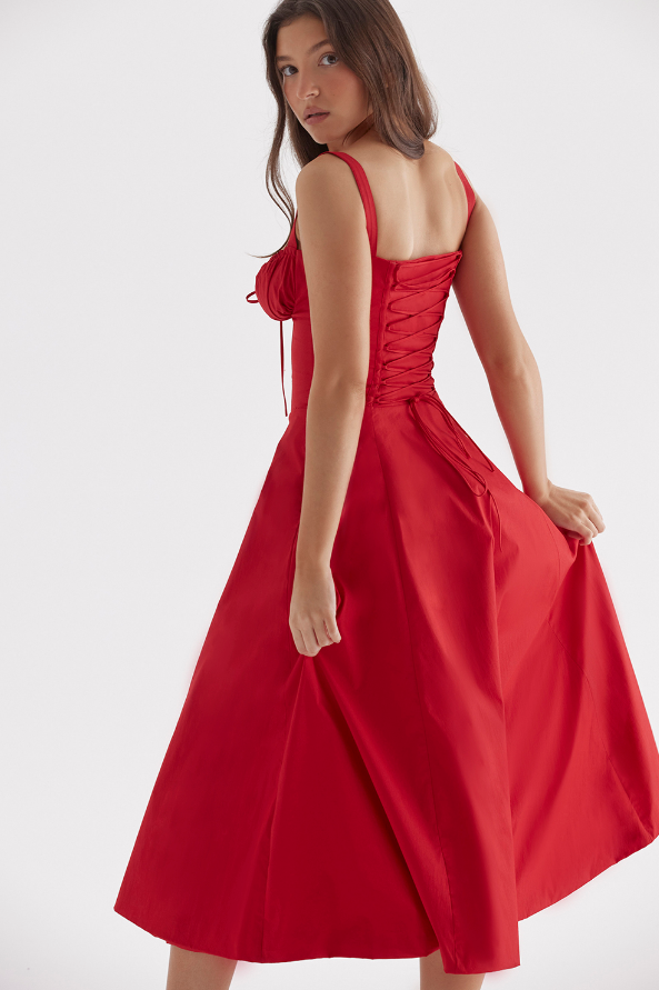 Rotes Damenkleid A-Linie Beinschlitz Corsage