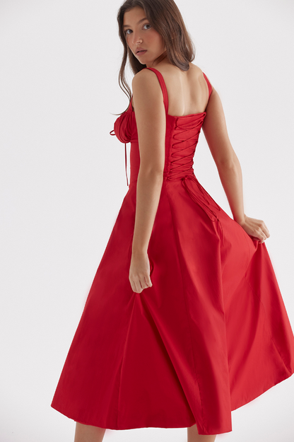 Rotes Damenkleid A-Linie Beinschlitz Corsage