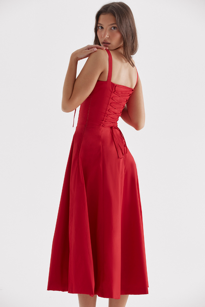 Rotes Damenkleid A-Linie Beinschlitz Corsage
