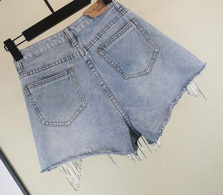 Norvielle Damen Zerrissene Jeansshorts Diamond Quasten