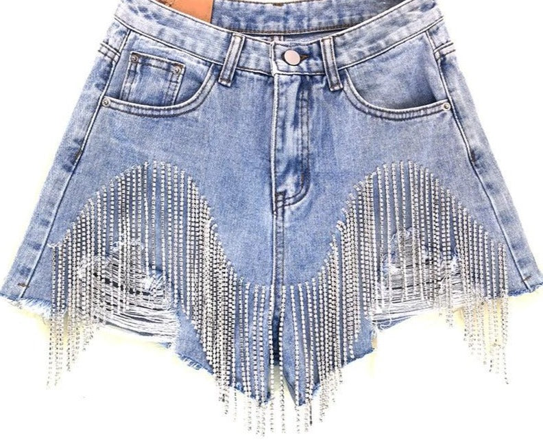 Norvielle Damen Zerrissene Jeansshorts Diamond Quasten