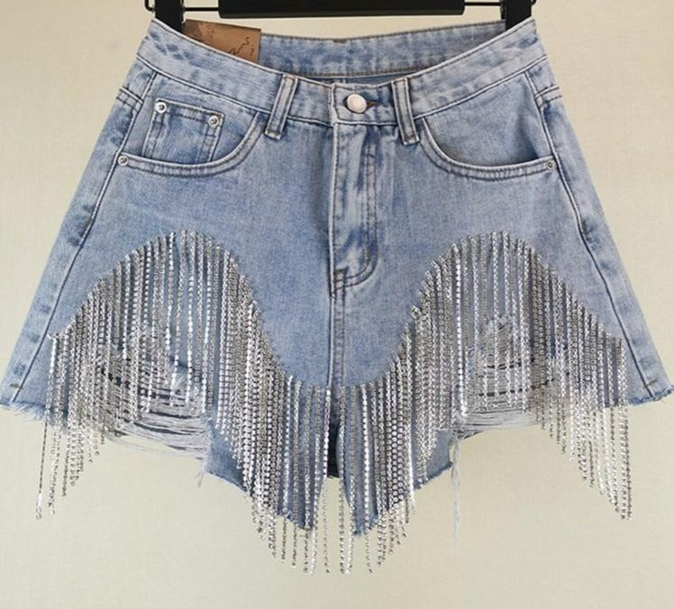 Norvielle Damen Zerrissene Jeansshorts Diamond Quasten - Norvielle