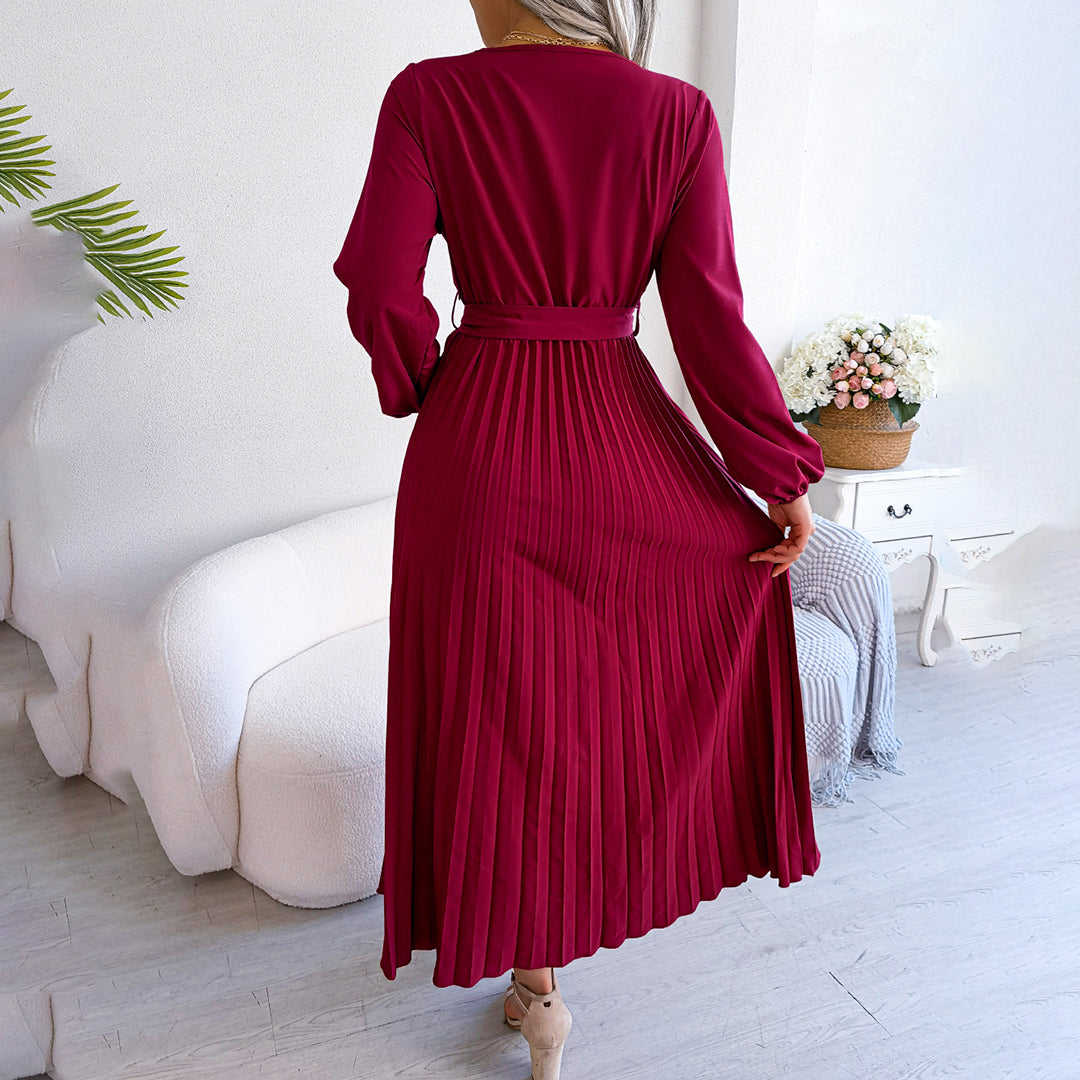Damen Maxikleid V-Ausschnitt Taillengürtel Plisseerock